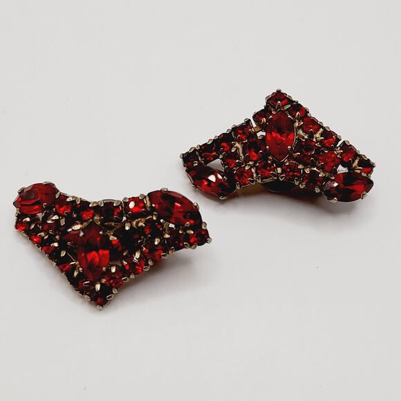 Vintage Red Rhinestone Ear Climber Clip Earrings Gold Tone - Picture 8 of 10
